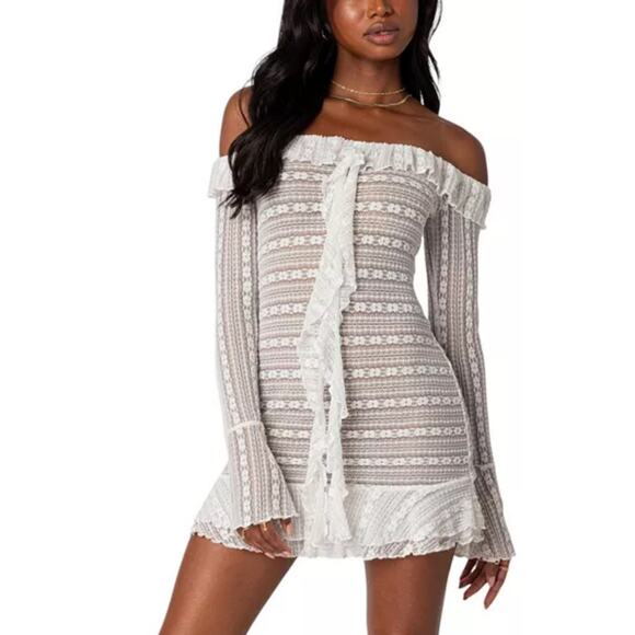 Edikted Textured Sheer Lace Mini Dress In White Size L - Picture 1 of 7